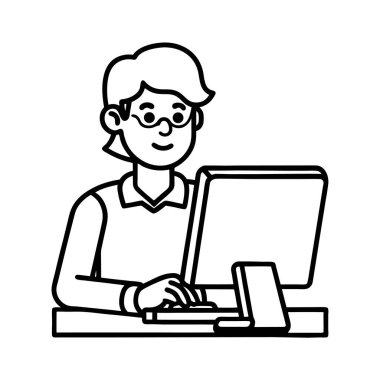 Bilgisayarında çalışan bir programcının en az çizgisel çizimi. Teknoloji, kodlama veya geliştirici temalı tasarımlar, web projeleri ve dijital içerik için mükemmel.