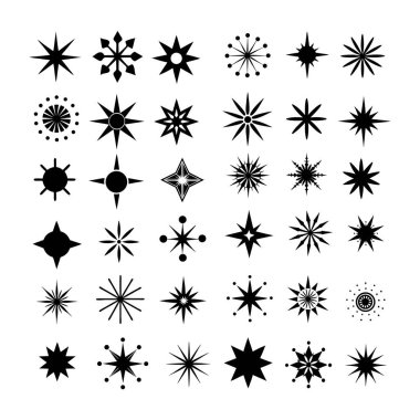 Noel projeleri için siyah yıldız patlaması simgelerinden oluşan yaratıcı bir koleksiyon. Şenlikli tasarımlar, tatil kartları, mevsimlik dekorlar ve şık dijital sanat eserleri için mükemmel..