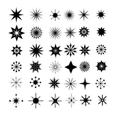 Noel projeleri için siyah yıldız patlaması simgelerinden oluşan yaratıcı bir koleksiyon. Şenlikli tasarımlar, tatil kartları, mevsimlik dekorlar ve şık dijital sanat eserleri için mükemmel..