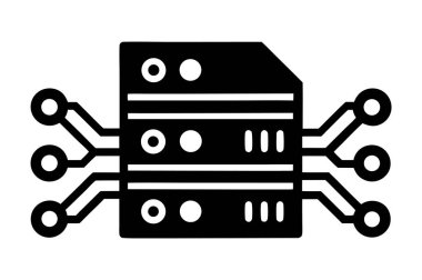 Sunucuları, bulut depolamayı ve ağ oluşturmayı temsil eden temiz düz veri merkezi simgesi. İnternet güvenliği, bilişim ve teknoloji tasarım projeleri için mükemmel..