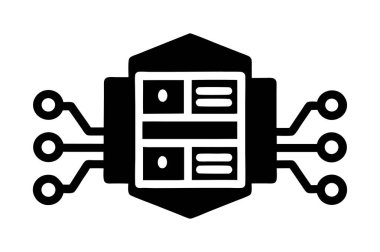 Sunucuları, bulut depolamayı ve ağ oluşturmayı temsil eden temiz düz veri merkezi simgesi. İnternet güvenliği, bilişim ve teknoloji tasarım projeleri için mükemmel..