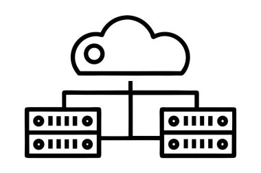 Sunucuları, bulut depolamayı ve ağ oluşturmayı temsil eden temiz düz veri merkezi simgesi. İnternet güvenliği, bilişim ve teknoloji tasarım projeleri için mükemmel..