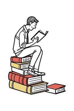 Uzun bir kitap yığınının üzerinde oturan ve derinden okumakla meşgul bir adamın oyuncu vektör karikatürü. Eğitim, öğrenim, kütüphane veya kitap temalı yaratıcı projeler için mükemmel.