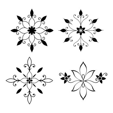 Karmaşık botanik tasarımları içeren zarif siyah çiçek süsleme vektörü seti dekoratif projeler, davetiyeler, çerçeveler ve şık grafik tasarımları için mükemmeldir..