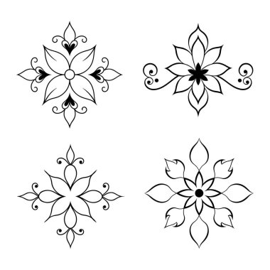 Karmaşık botanik tasarımları içeren zarif siyah çiçek süsleme vektörü seti dekoratif projeler, davetiyeler, çerçeveler ve şık grafik tasarımları için mükemmeldir..