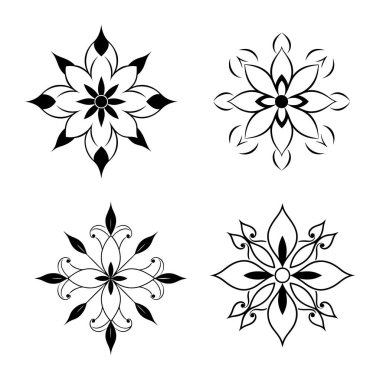 Karmaşık botanik tasarımları içeren zarif siyah çiçek süsleme vektörü seti dekoratif projeler, davetiyeler, çerçeveler ve şık grafik tasarımları için mükemmeldir..