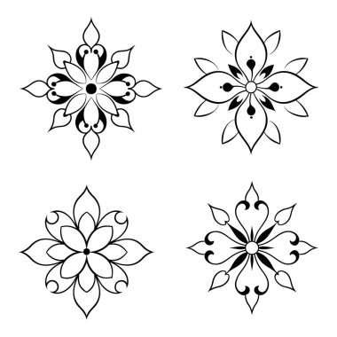 Karmaşık botanik tasarımları içeren zarif siyah çiçek süsleme vektörü seti dekoratif projeler, davetiyeler, çerçeveler ve şık grafik tasarımları için mükemmeldir..