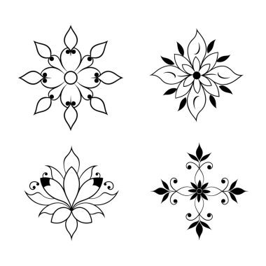 Karmaşık botanik tasarımları içeren zarif siyah çiçek süsleme vektörü seti dekoratif projeler, davetiyeler, çerçeveler ve şık grafik tasarımları için mükemmeldir..