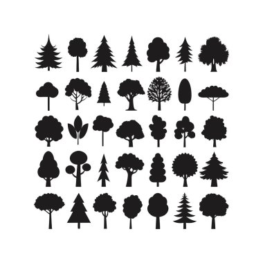 Çeşitli şekil ve boyutlarda siyah ağaç siluetleri koleksiyonu, yaratıcı projeler, tasarımlar, posterler, arka planlar ve dijital sanat eserleri için mükemmel. Yüksek kalite ve çok yönlü set.