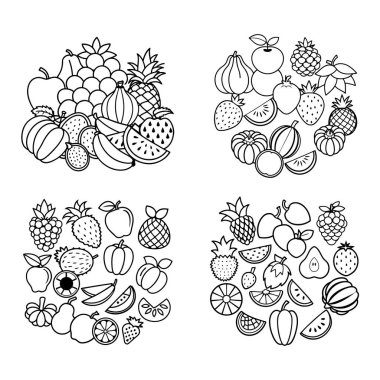 Temiz beyaz arka planda tropikal ve mevsimsel çeşitliliğe sahip renkli bir meyve çizimi seti. Gıda, sağlık, organik ve yaşam tarzı tasarım projeleri için mükemmel.