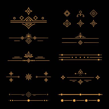 Süslü desenler, girdaplar ve gelişmeler içeren işlenmiş altın dekoratif tasarımlar ve sınır unsurları koleksiyonu davetiyeler, çerçeveler, lüks markalaşma ve yaratıcı projeler için mükemmeldir..