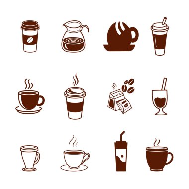 Kahve, çikolata ve bardaklı, sürahili, sürahisi ve sembollü sıcak içeceklerin şık kahverengi siluetleri. Menüler, markalaşma, ambalaj ve dijital tasarım projeleri için mükemmel.