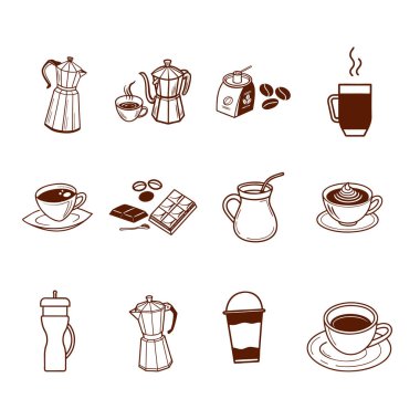 Kahve, çikolata ve bardaklı, sürahili, sürahisi ve sembollü sıcak içeceklerin şık kahverengi siluetleri. Menüler, markalaşma, ambalaj ve dijital tasarım projeleri için mükemmel.