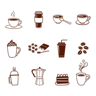 Kahve, çikolata ve bardaklı, sürahili, sürahisi ve sembollü sıcak içeceklerin şık kahverengi siluetleri. Menüler, markalaşma, ambalaj ve dijital tasarım projeleri için mükemmel.