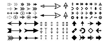 Siyah imlecler, yön işaretleri ve yön bulma sembolleri içeren temiz ve çok yönlü bir ok simgesi seti. Kullanıcı arayüzü tasarımı, web projeleri, bilgi grafikleri ve dijital grafikler için mükemmel.