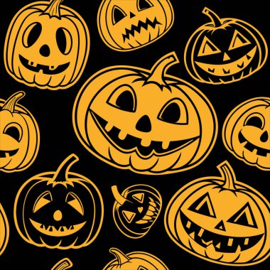 Ürkütücü bir cazibe saçan parlak, pürüzsüz bir desen Jack-O-Lantern yüzleri. Cadılar Bayramı parti dekorasyonu, ambalaj kağıdı, kumaş baskıları ve şenlikli dijital arka planlar için mükemmel..