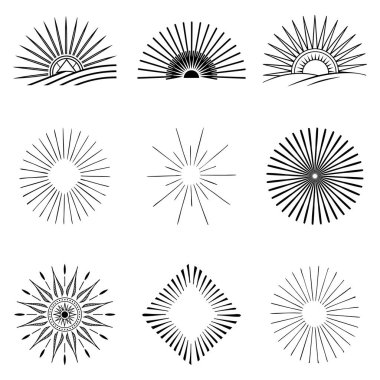 Soyut güneş ışınları ve radyal çizgi patlamaları içeren klasik çerçeve tasarımlarından oluşan şık bir koleksiyon. Retro logolar, posterler ve yaratıcı grafik tasarım projeleri için ideal.