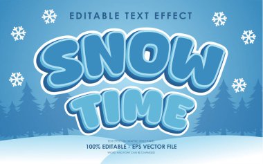 Karla kaplı çam ağacının geniş arkaplanı ile düzenlenebilir Kar Zamanı Metni Efekti, Noel teması tasarımları için mükemmel