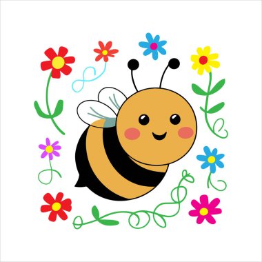 Çocuklar için canlı çiçekleri olan sevimli bir arının çekici bir vektör illüstrasyonunu keşfedin. Tişört tasarımı projeleri için ideal, el değmemiş beyaz arka plan tasarımı..