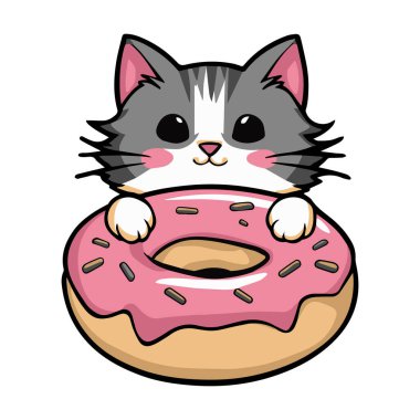 Tatlı kedi ve donut vektör çizimi sanat tasarımı