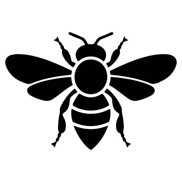 векторная иллюстрация иконы черной пчелы в стиле силуэтов. Медовая пчела, медовая пчела изолирована на белом фоне. Черно-белый силуэт пчелы на белом фоне.