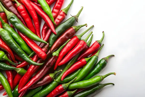 Beyaz Arkaplanda Kırmızı ve Yeşil Biberler Taze Sıcak Biber Koleksiyonu