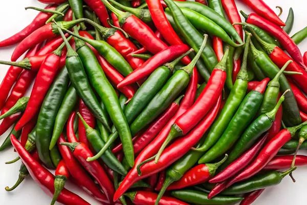 Beyaz Arkaplanda Kırmızı ve Yeşil Biberler Taze Sıcak Biber Koleksiyonu