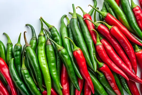 Beyaz Arkaplanda Kırmızı ve Yeşil Biberler Taze Sıcak Biber Koleksiyonu