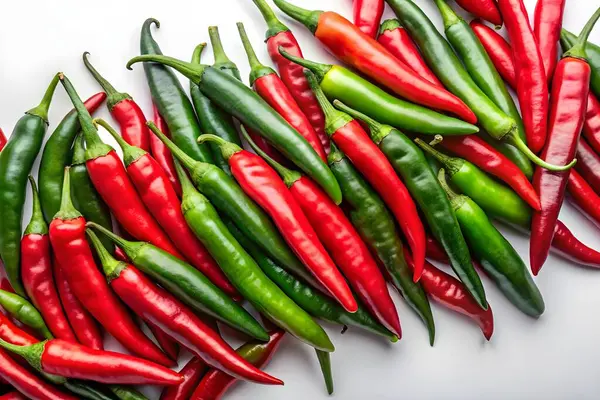 Beyaz Arkaplanda Kırmızı ve Yeşil Biberler Taze Sıcak Biber Koleksiyonu