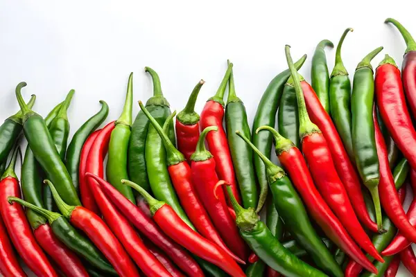 Beyaz Arkaplanda Kırmızı ve Yeşil Biberler Taze Sıcak Biber Koleksiyonu