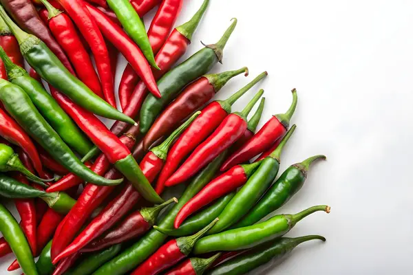 Beyaz Arkaplanda Kırmızı ve Yeşil Biberler Taze Sıcak Biber Koleksiyonu