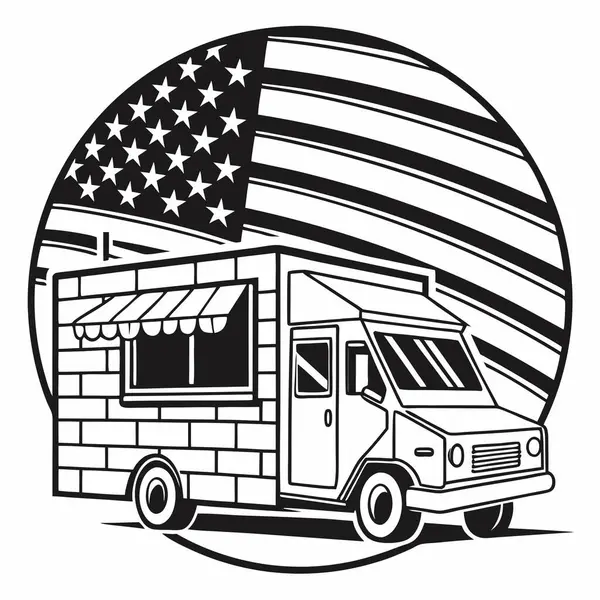 Amerikan bayrağı taşıyan Retro yemek kamyonu. Poster, kart, pankart, imza için tasarım elemanı. Vektör illüstrasyonu