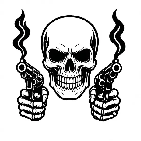 Silah Vektörü Dumanlı Silah Kafatası Dövme, Bisiklet ve Grafik Tasarım Kullanımı için Çizim Tasarımı