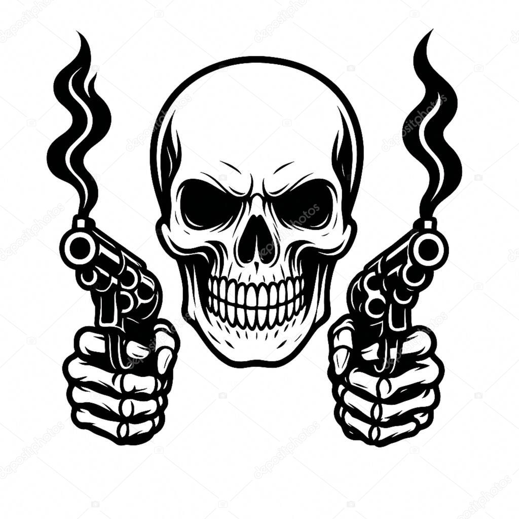 Skull with Guns Vector  Smoking Gun Skull Illustration for Tattoo, Biker, and Graphic Design Use