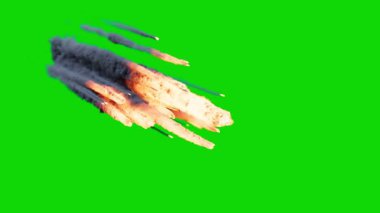  Yeşil Ekran Arkaplanı (Chroma Key FX) ile Gerçekçi Meteor Duş Animasyonu. Hindistan, Pak Savaşı 2025 'e karşı. Savaş Meteoru. Yeşil Ekran Meteor Vuruşu Görsel Efekti
