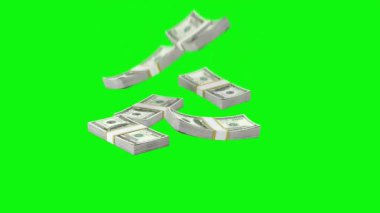  Para düşüyor, banknotlar yeşil ekrana düşüyor. Para yağmuru. Banknotlar düşüyor