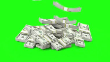  Para düşüyor, banknotlar yeşil ekrana düşüyor. Para yağmuru. Banknotlar düşüyor