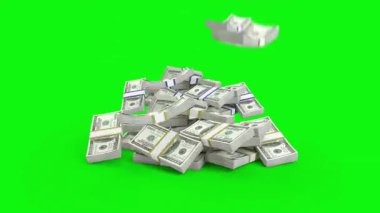 Para düşüyor, banknotlar yeşil ekrana düşüyor. Para yağmuru. Banknotlar düşüyor