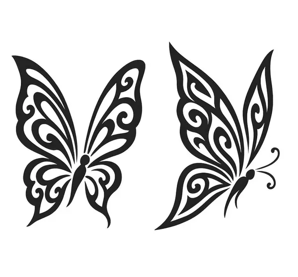Dekoratif Kelebek Silüeti Süslü Böcek Vektörü Çizimi Siyah ve Beyaz