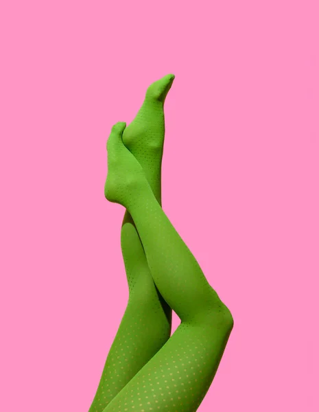 Legs Woman Wearing Green Tights Isolated Pink Background Woman Her — Fotografia de Stock