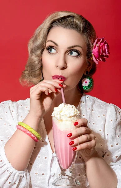 Blonde Woman Retro Hairstyle Clothes Drinking Strawberry Milkshake Concept 50S Stock Picture