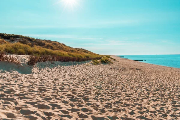 Sunny landscape on Sylt island with the beautiful beach and a blue sky, on a sunny day
