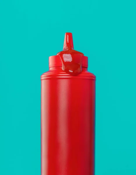 Zblízka Lahví Kečupu Izolované Modrém Pozadí Stock Fotografie