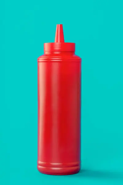 Ketchup Wycisnąć Butelkę Minimalistyczny Niebieskim Tle Zdjęcie Stockowe