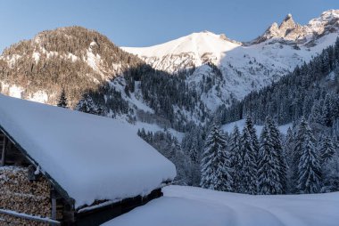 Aralık ayının güneşli bir gününde, Bavyera Alplerinde, derin ve karlı bir kış manzarasında dağ kulübesi.