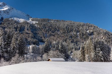 Güneşli bir günde karla kaplı Bavyera Alpleri 'nin karlı alp manzarası