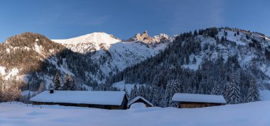 Aralık ayında güneşli bir günde Bavyera Alplerinde karla kaplı bir kış manzarası