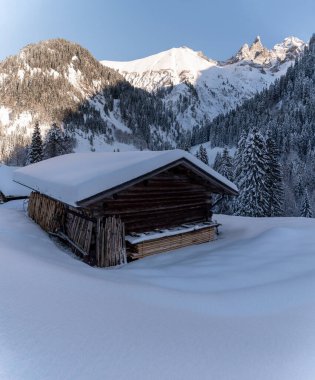 Aralık ayında güneşli bir günde Bavyera Alpleri 'nde dağ kulübesi derin karlarla çevriliydi.
