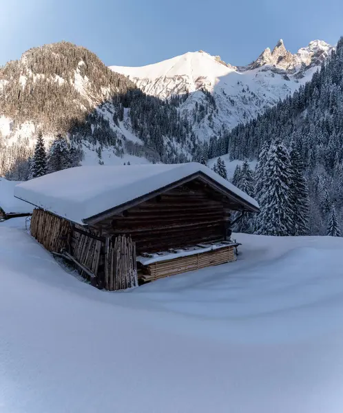 Aralık ayında güneşli bir günde Bavyera Alpleri 'nde dağ kulübesi derin karlarla çevriliydi.