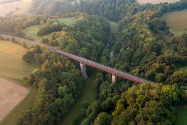 Ormanla çevrili bir nehir üzerinde tren köprüsü olan drone hava görüntüsü..